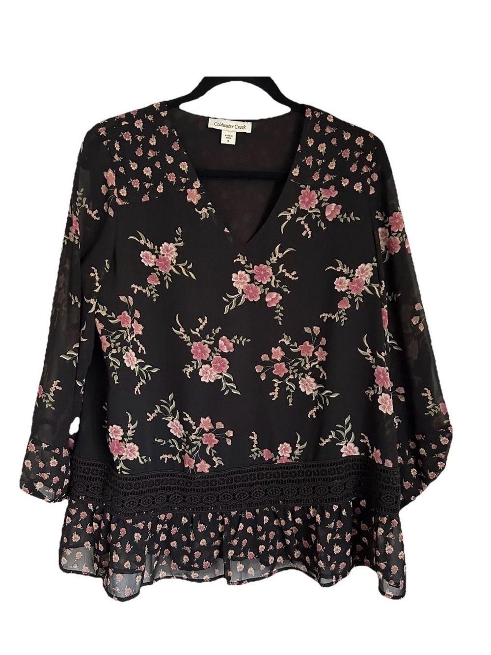Coldwater Creek Womens S Black Floral Crochet Detail Top Cottage Boho Whimsigoth